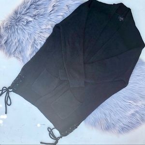 Black Oversized Knit Cardigan With Lace Up Detail